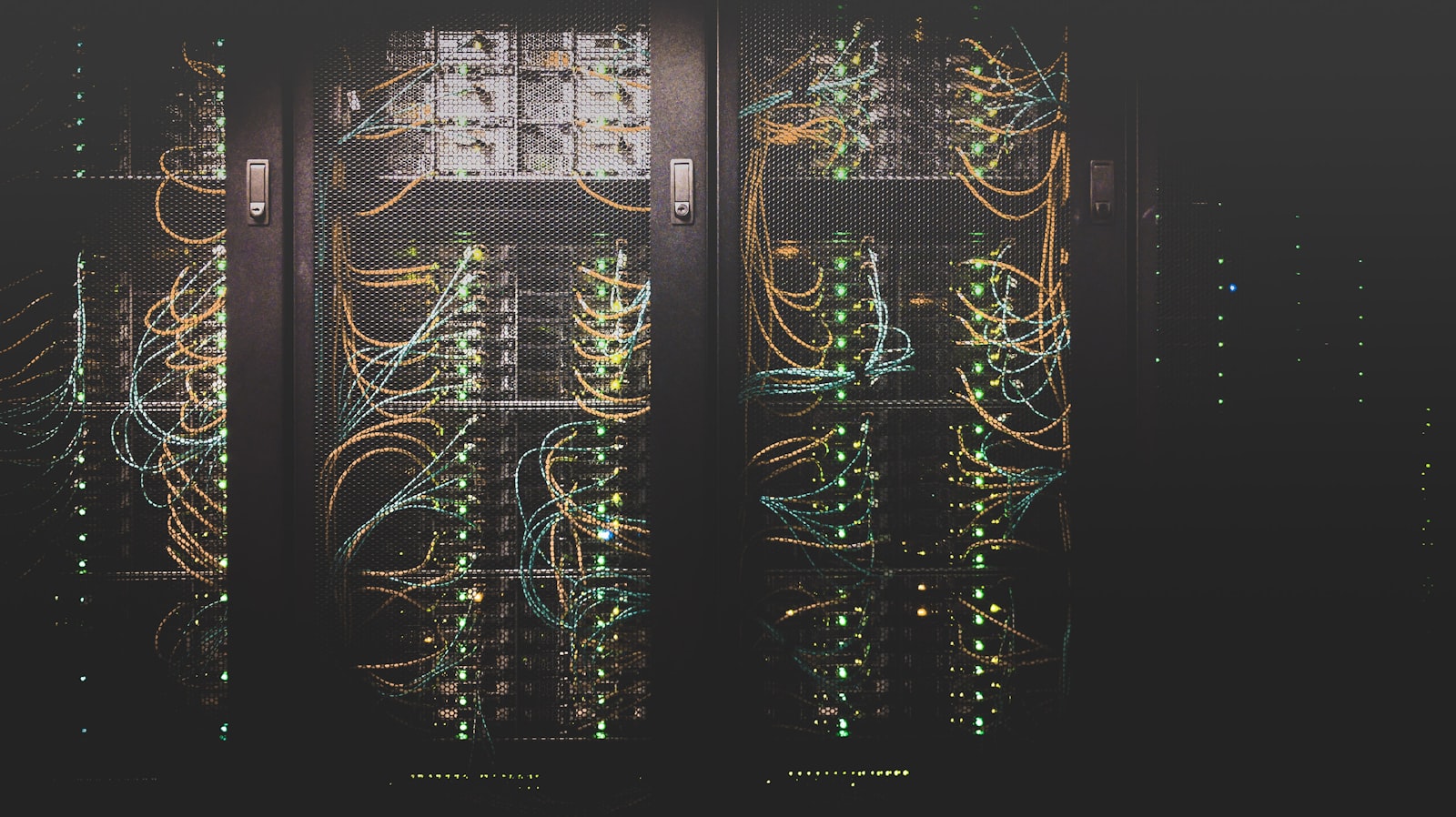 Rows of server racks in a data center